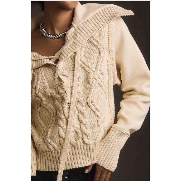 Anthropologie Pilcro Cream Cable Knit Laced Twofer Sweater - Medium - Picture 1 of 8